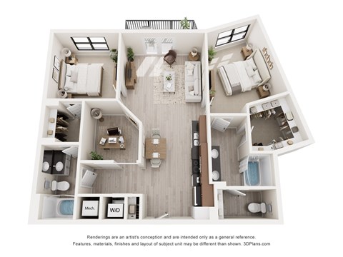A 3D floor plan of a house with labeled rooms.